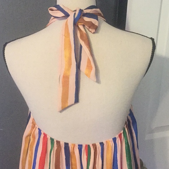 ❌DONATED❌Tan Blue Multicolor Stripe Halter Lined Maxi Dress - Picture 4 of 9